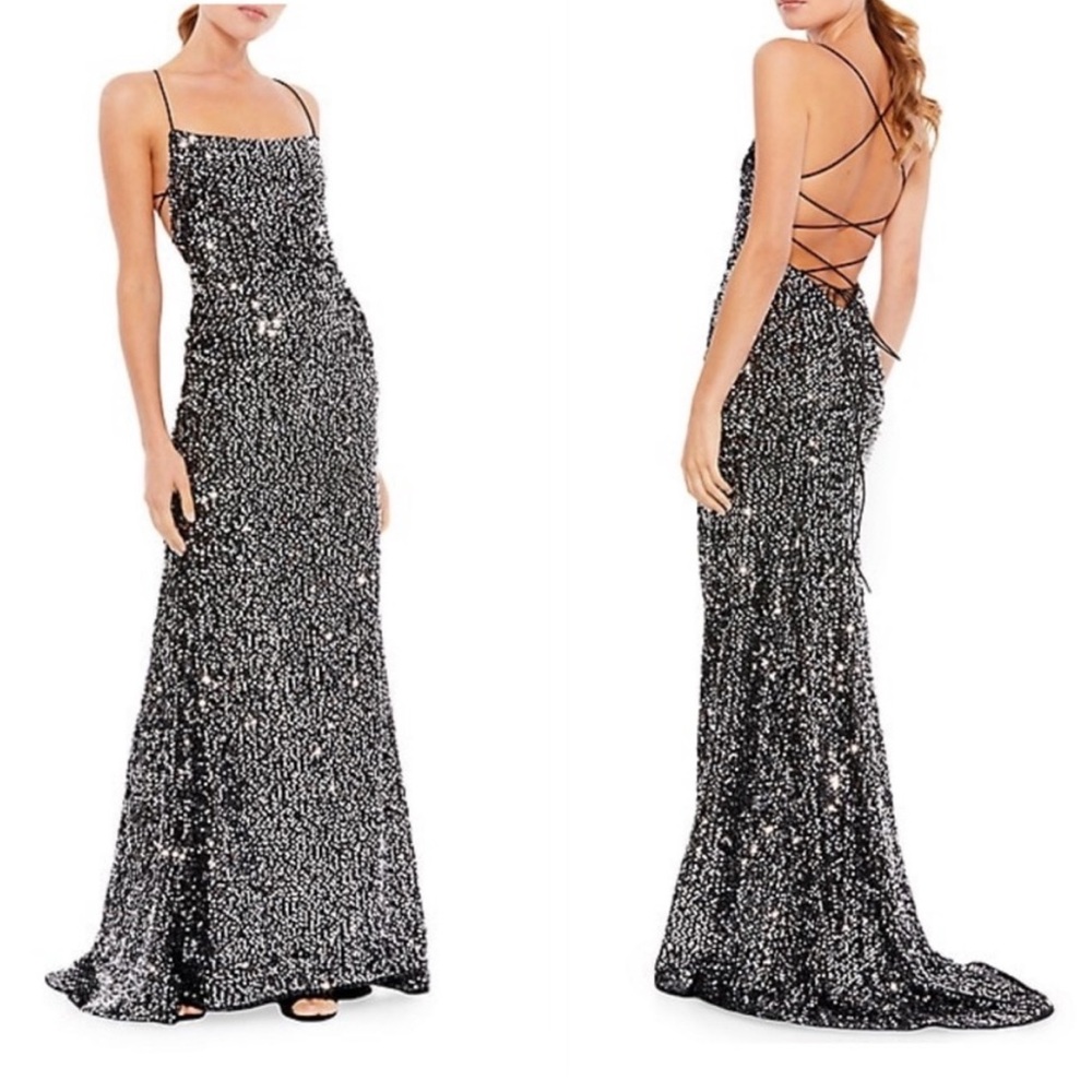 Mac Duggal Sequined Open Back Lace Up Gown Trumpet Maxi Dress Size 6 NEW